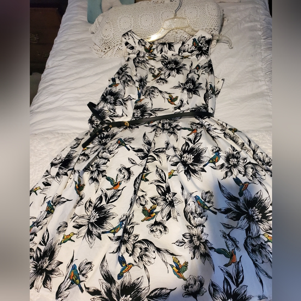 Pretty summer dress from The Dress Barn. White with black flowers & birds